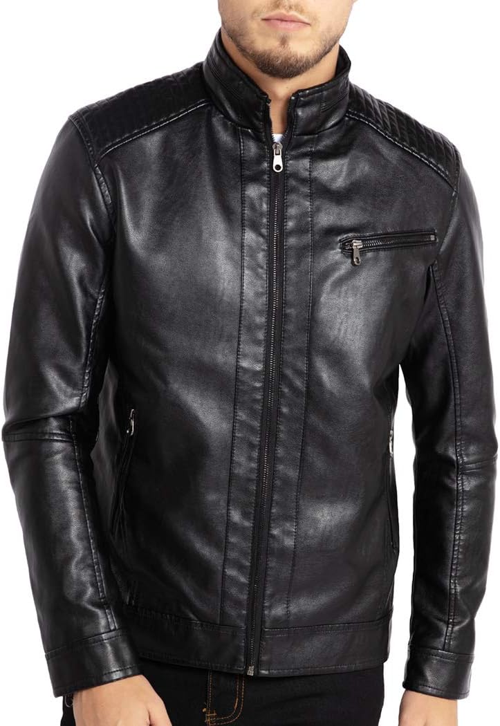 Men's Stand Collar Leather Jacket Motorcycle Lightweight Faux Leather Outwear - Image 2