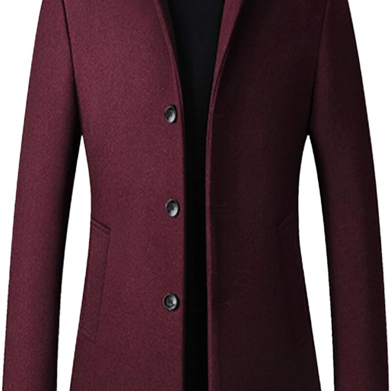 Men's Trench Coat Wool Blend Slim Fit Top Coat Single Breasted Business Overcoat
