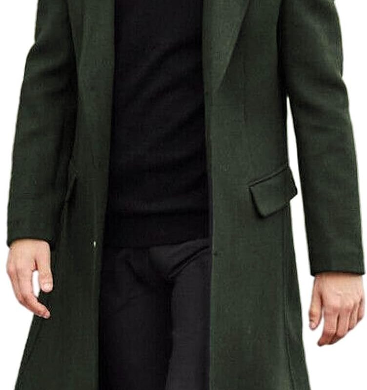 Men's Casual Trench Coat Slim Fit Notched Collar Long Jacket Overcoat Single Breasted Pea Coat wih Pockets