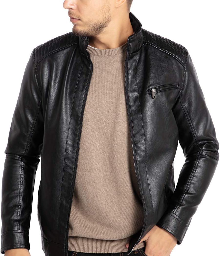 Men's Stand Collar Leather Jacket Motorcycle Lightweight Faux Leather Outwear
