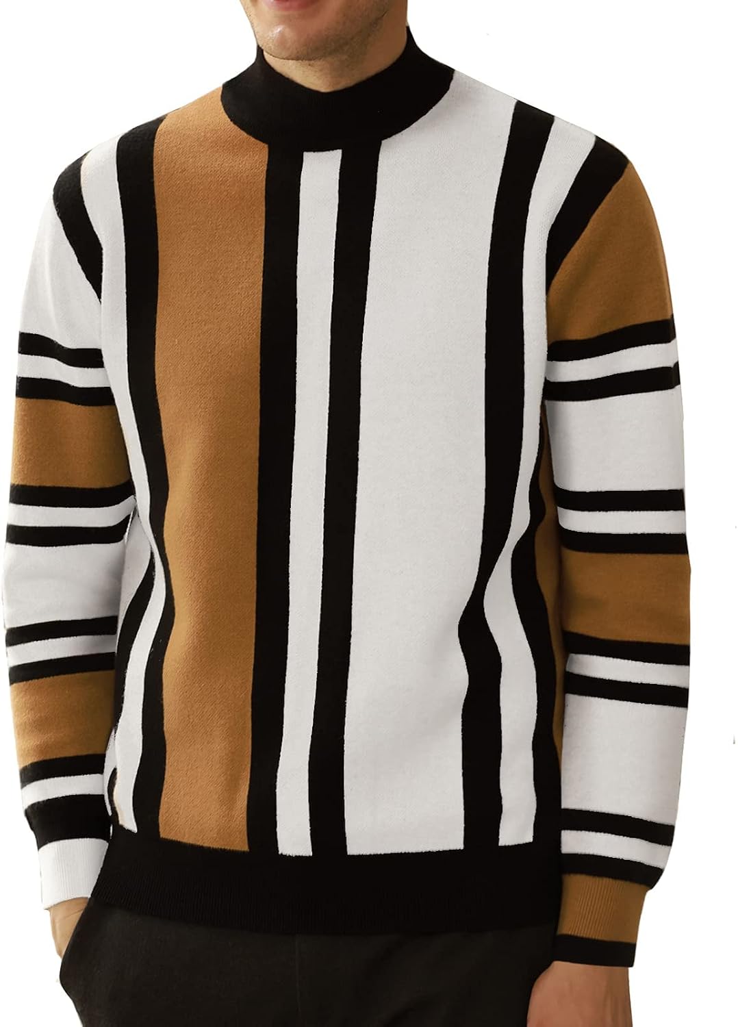 Men Vintage Sweater Mockneck Striped Pullover Sweater Fashion Jumper Sweater