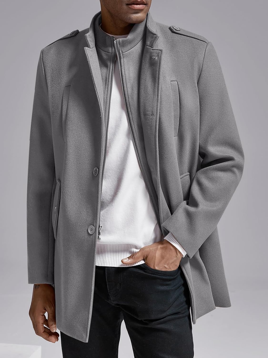 Mens Trench Coat Long Sleeve Stand Collar Single Breasted Pea Coat Casual Mid Long Slim Fit Overcoat with Pockets - Image 2