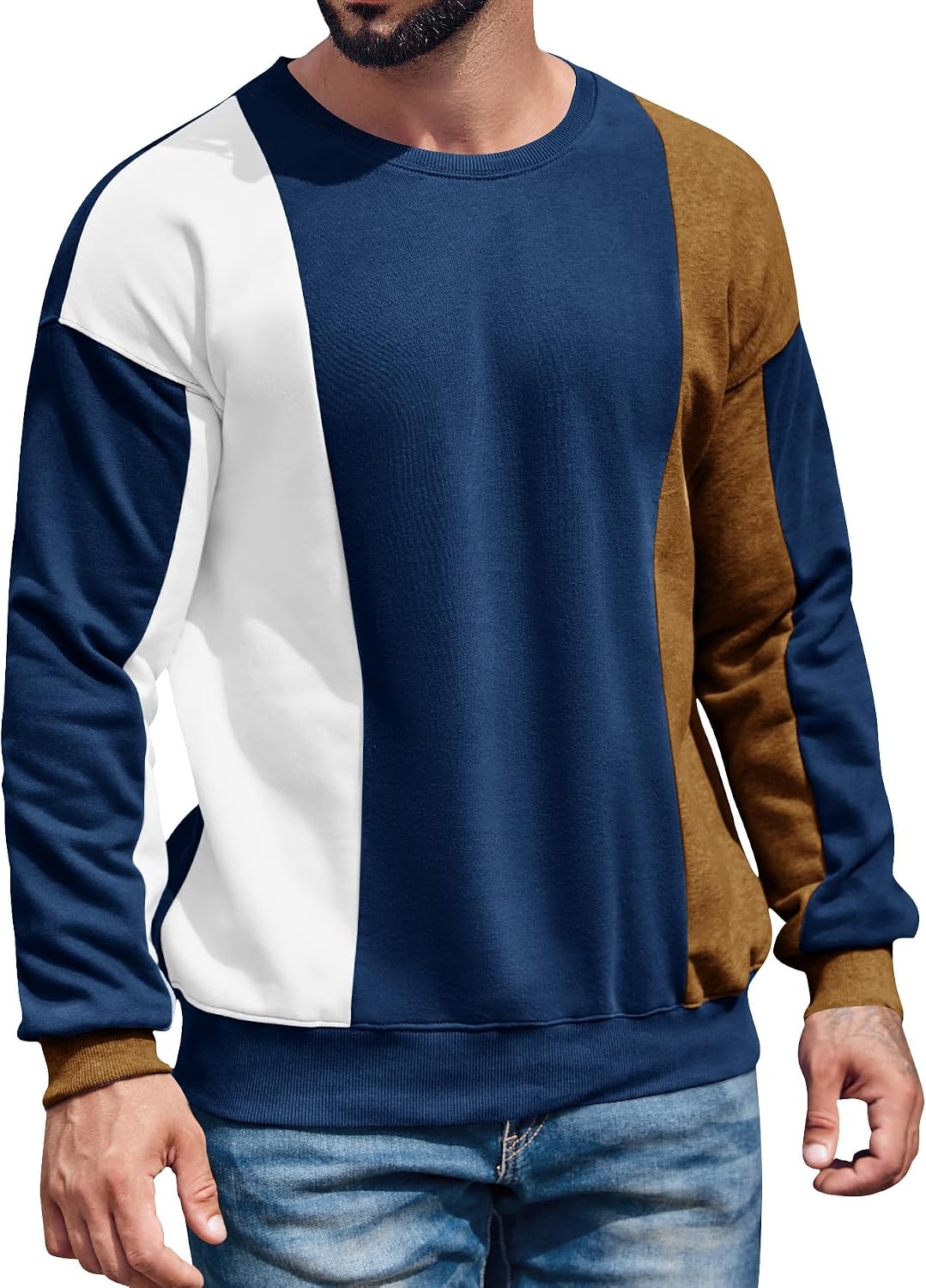 Men's Color Block Sweatshirt Pullover Crewneck Long Sleeve Fleece Casual Ribbed Patchwork Fall Tops