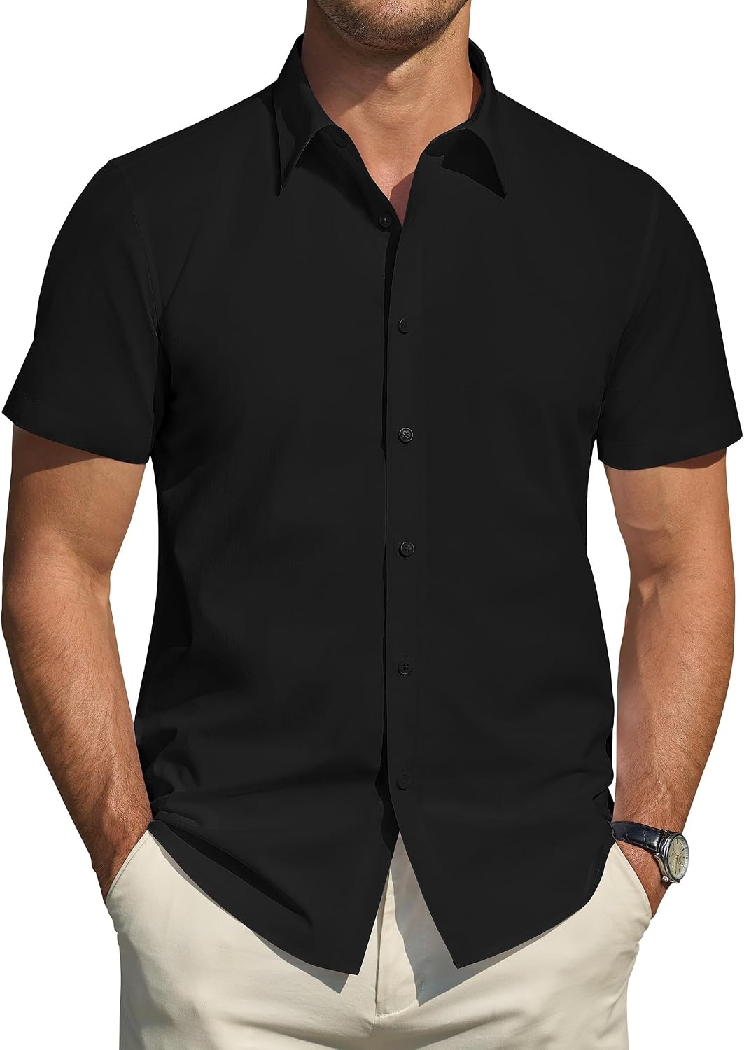 Men's Short Dress Shirts Stretch Stain Shield Casual Button Down Shirts Solid Formal Shirt
