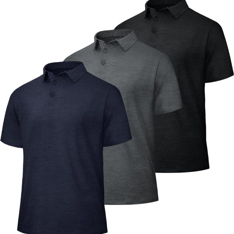 3 Pack  Shirts for Men - Quick Dry Moisture Wicking Performance Golf Shirts Black Short Sleeve for Work Athletic