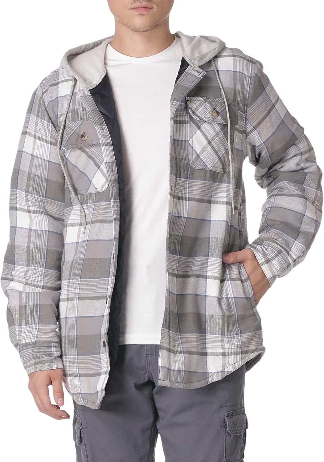 Men's Long Sleeve Quilted Lined Flannel Shirt Jacket with Hood