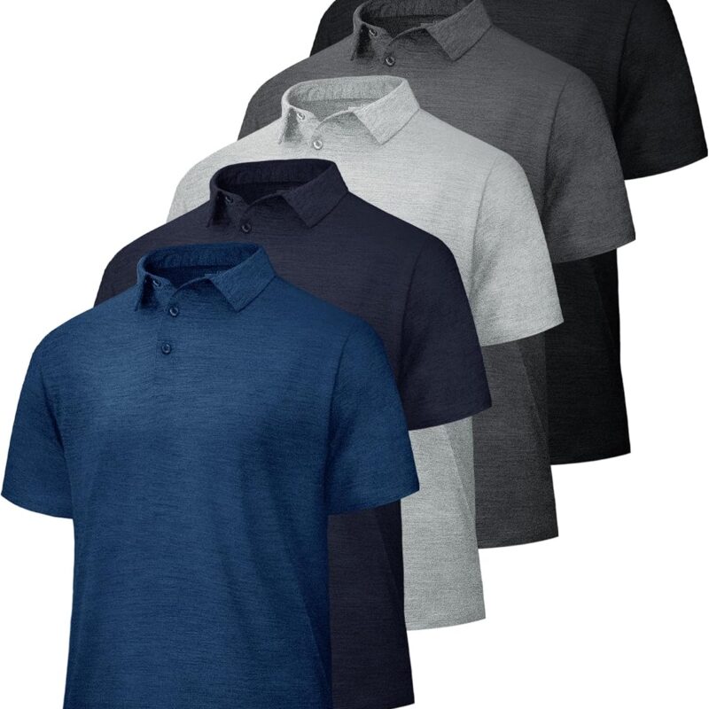 5 Pack  Shirts for Men - Quick Dry Moisture Wicking Performance Short Sleeve Mens Golf Shirts for Work Athletic