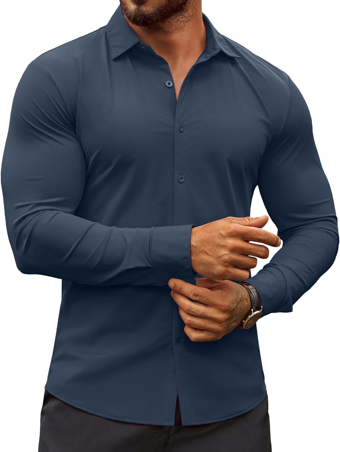 Men's Muscle Fit Dress Shirts Wrinkle-Free Long Sleeve Casual Button Down Shirts