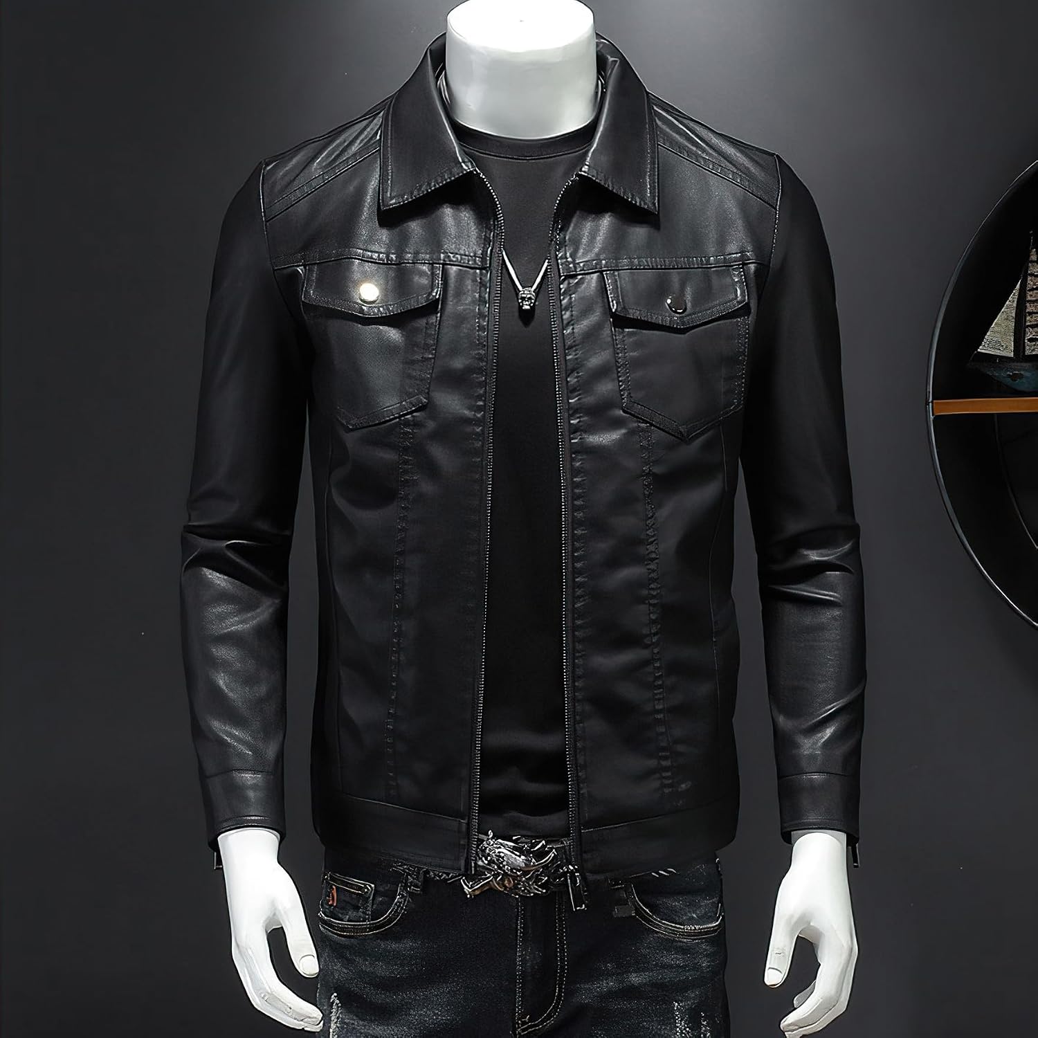 Men's Leather Jacket Motorcycle Black Biker Jackets Vintage Faux Leather Outwear Casual Lightweight - Image 2
