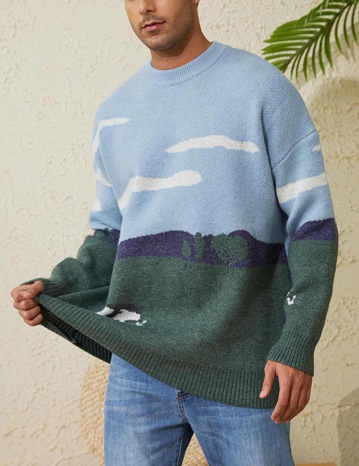 Men Vintage Sweater Grandpa Casual Cable Knit Sweater Pullover Graphic Crewneck Tops - Image 2