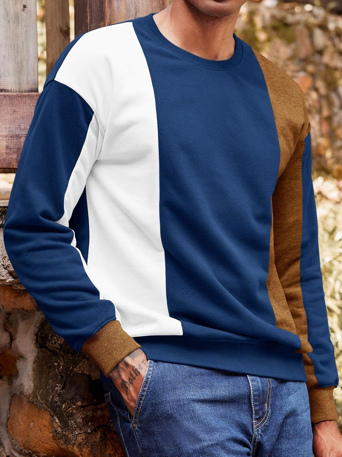Men's Color Block Sweatshirt Pullover Crewneck Long Sleeve Fleece Casual Ribbed Patchwork Fall Tops - Image 2