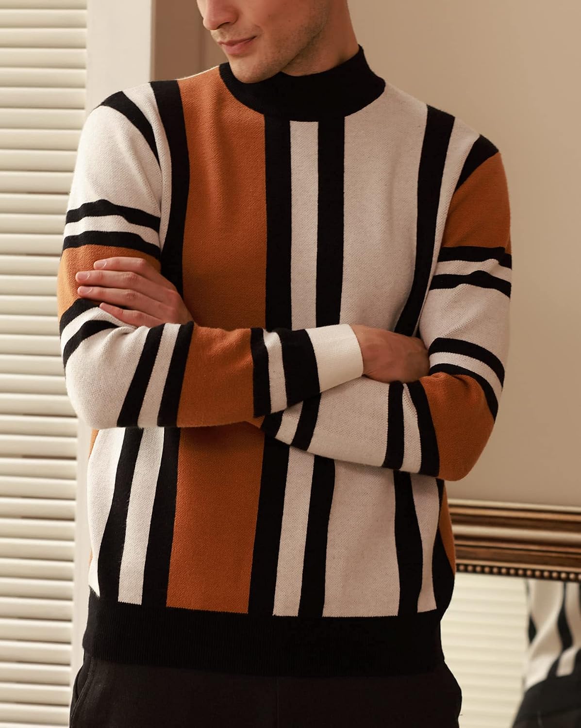 Men Vintage Sweater Mockneck Striped Pullover Sweater Fashion Jumper Sweater - Image 2