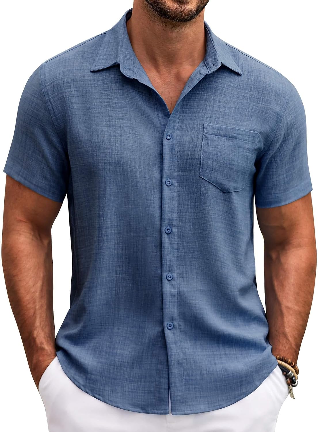 Mens Button Down Short Shirt Casual Shirts Summer Beach Textured Shirts with Pocket