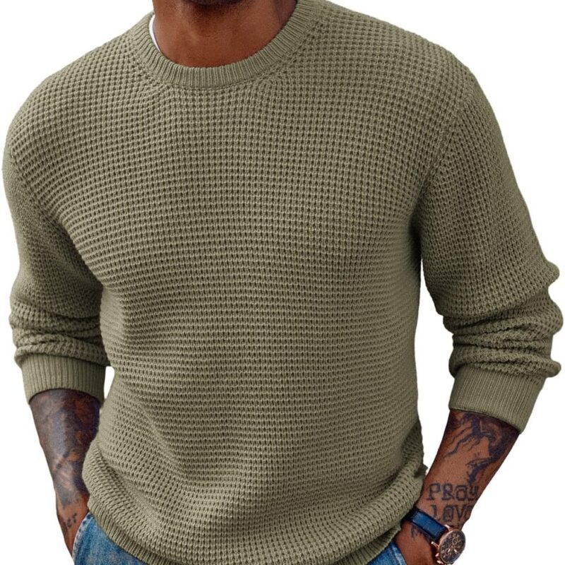 Men Crewneck Pullover Sweater Waffle Textured Long Sleeve Knitted Sweaters