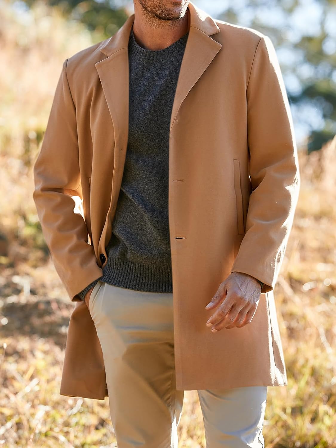 Men's Trench Coat Slim Fit Notch Lapel Single Breasted Top Coat Winter Warm Cotton Business Long Jacket Overcoat - Image 2