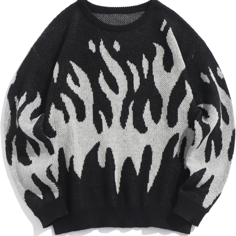 Men Crewneck  Sweaters  Aesthetic Flame Graphic Knitted Sweater Casual Pullover Long Sleeve Jumpers