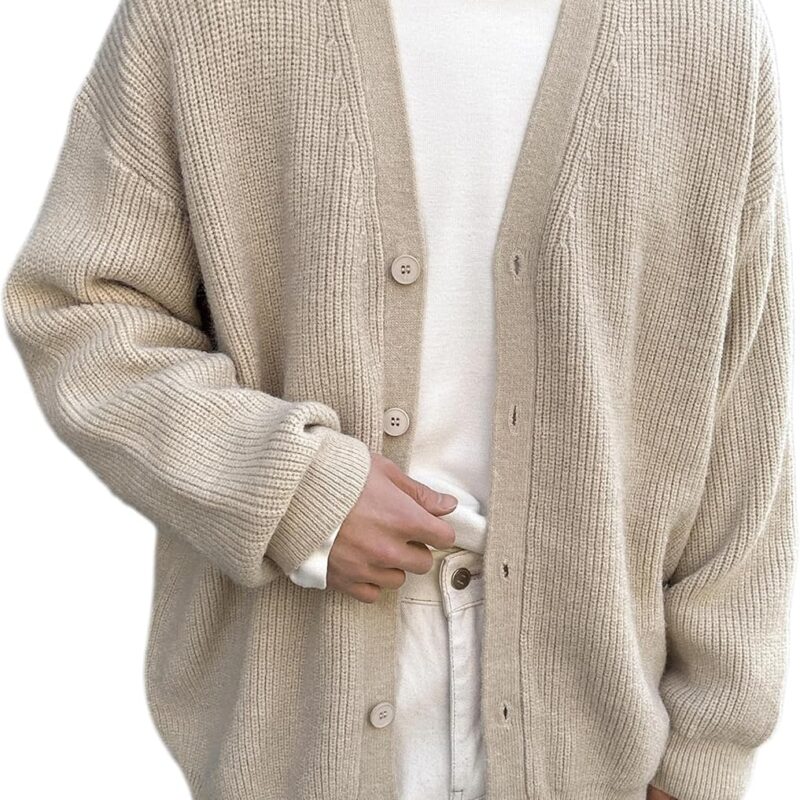 Men Casual Long Sleeve Button Front V Neck Rib Knit Cardigan Sweater