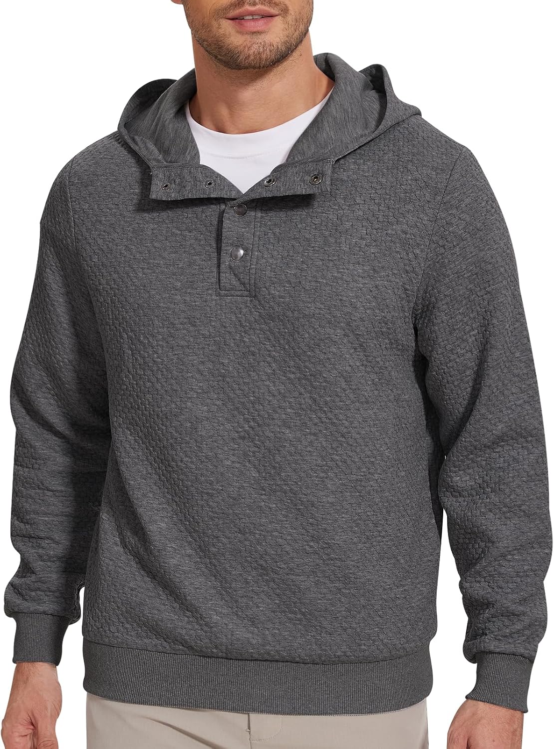 Men's Hoodie Sweatshirt Plaid Jacquard Long Sleeve Pullover Casual Waffle Fashion Hooded Sweatshirts Sweaters