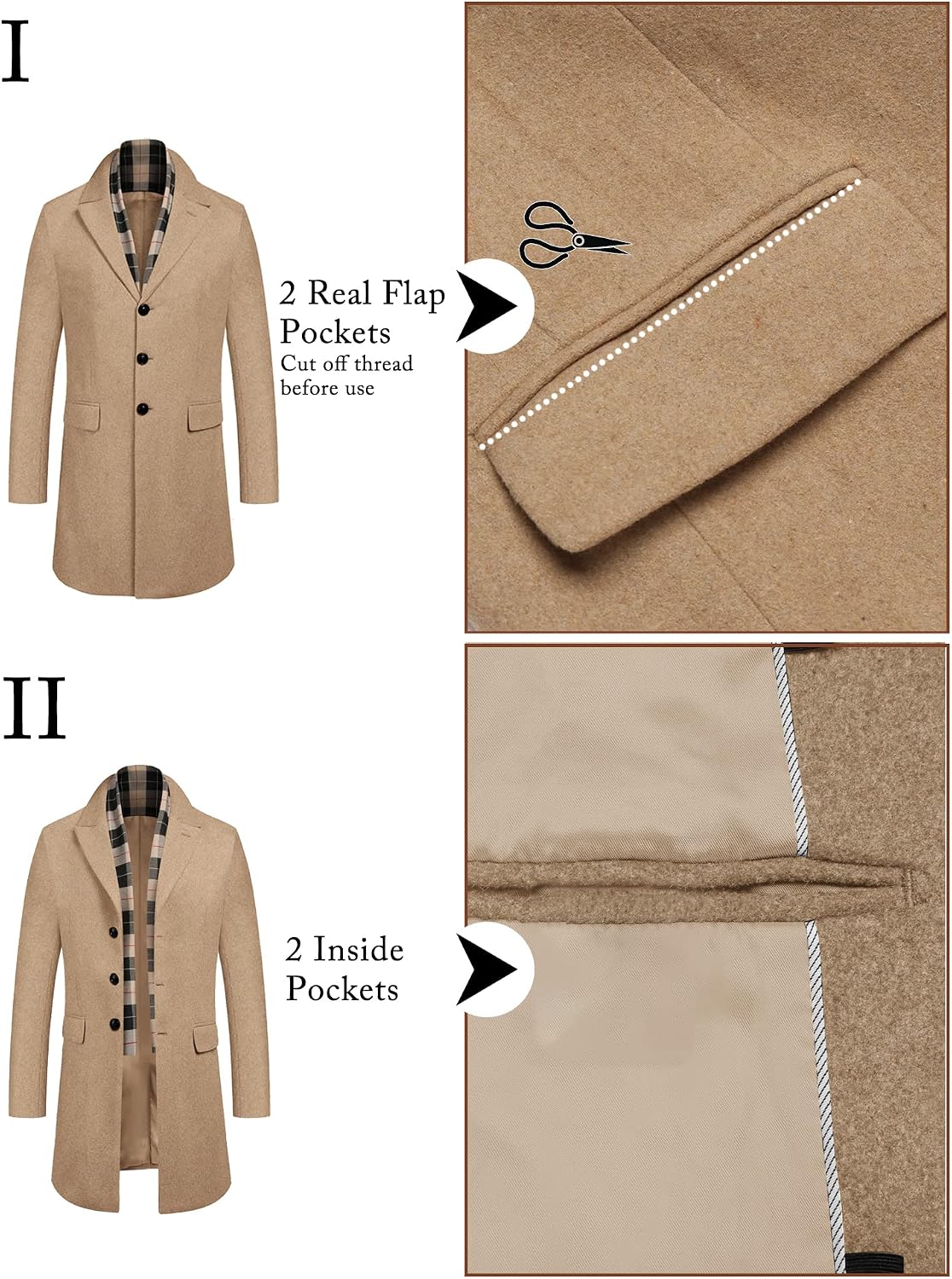 Men's Wool Blend Coat with Detachable Plaid Scarfs Notched Collar Single Breasted Pea Coat Trench Overcoat - Image 2
