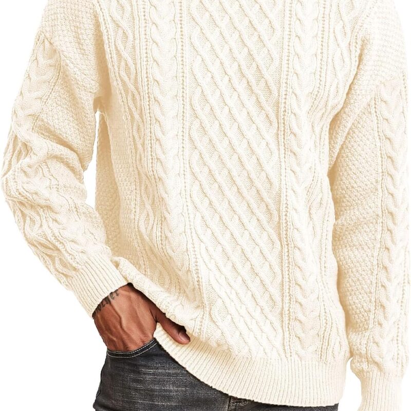 Men Knit Sweater Crewneck Loose Fit Casual Twist Patterned Textured Long Sleeve Cable Knitted Pullover