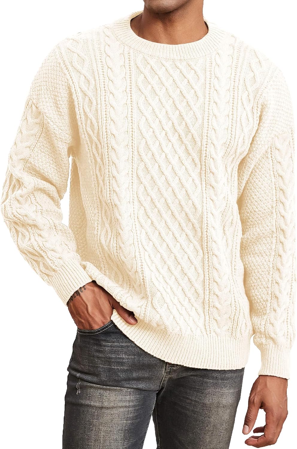 Men Knit Sweater Crewneck Loose Fit Casual Twist Patterned Textured Long Sleeve Cable Knitted Pullover